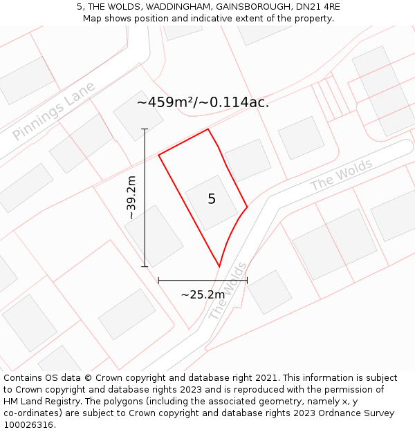 5, THE WOLDS, WADDINGHAM, GAINSBOROUGH, DN21 4RE: Plot and title map