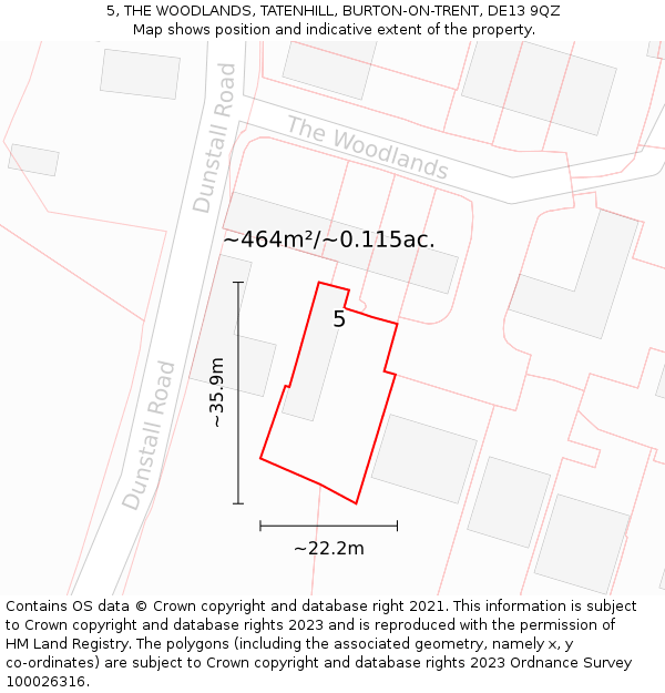 5, THE WOODLANDS, TATENHILL, BURTON-ON-TRENT, DE13 9QZ: Plot and title map