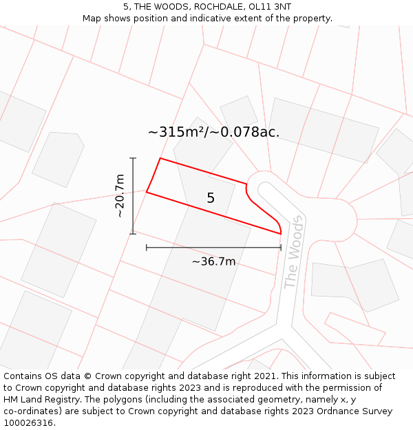 5, THE WOODS, ROCHDALE, OL11 3NT: Plot and title map