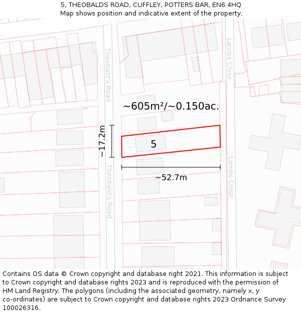 5, THEOBALDS ROAD, CUFFLEY, POTTERS BAR, EN6 4HQ: Plot and title map