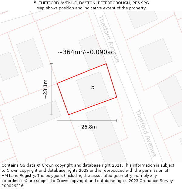 5, THETFORD AVENUE, BASTON, PETERBOROUGH, PE6 9PG: Plot and title map