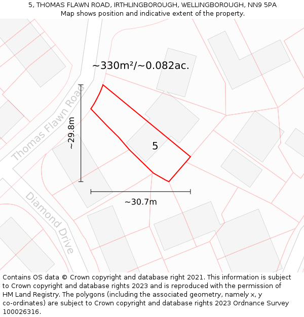 5, THOMAS FLAWN ROAD, IRTHLINGBOROUGH, WELLINGBOROUGH, NN9 5PA: Plot and title map