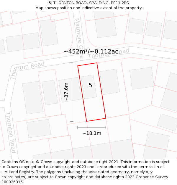 5, THORNTON ROAD, SPALDING, PE11 2PS: Plot and title map