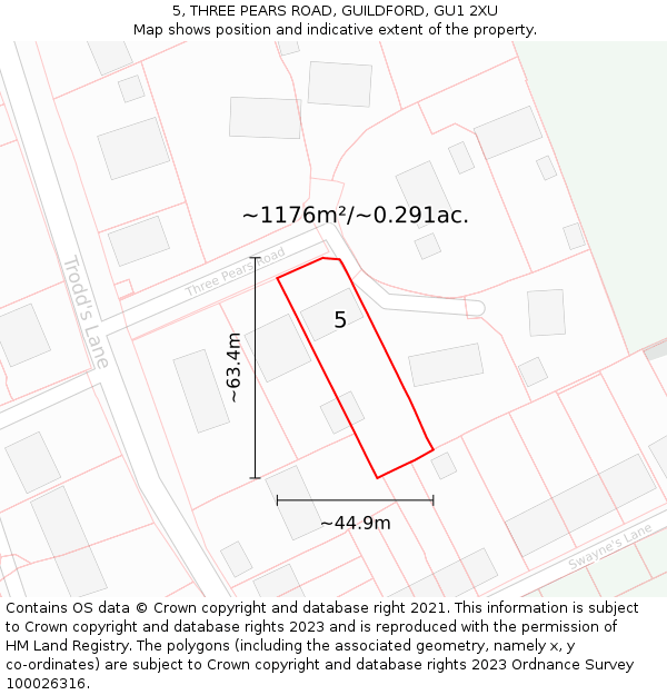 5, THREE PEARS ROAD, GUILDFORD, GU1 2XU: Plot and title map