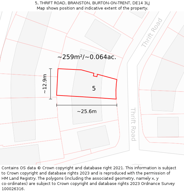 5, THRIFT ROAD, BRANSTON, BURTON-ON-TRENT, DE14 3LJ: Plot and title map