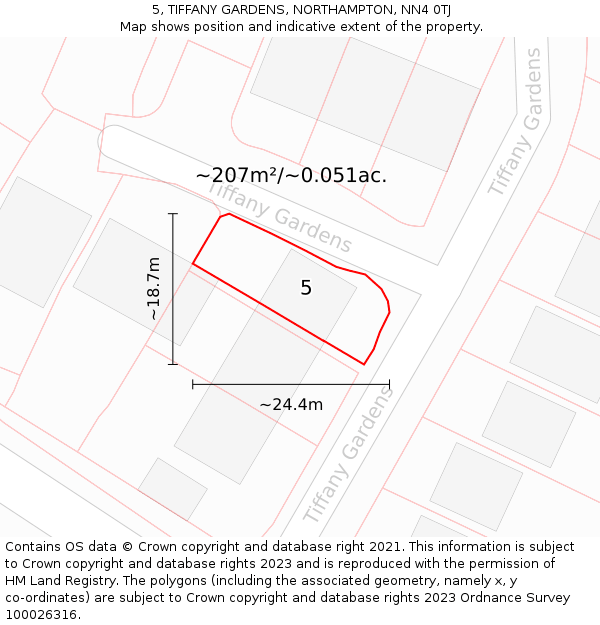 5, TIFFANY GARDENS, NORTHAMPTON, NN4 0TJ: Plot and title map