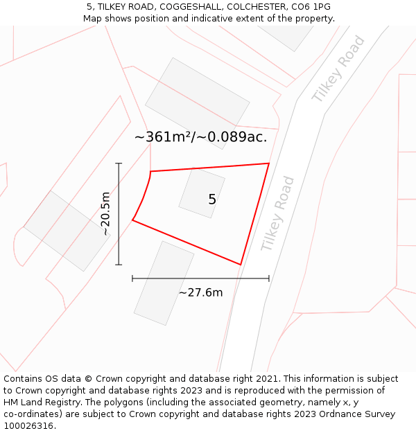 5, TILKEY ROAD, COGGESHALL, COLCHESTER, CO6 1PG: Plot and title map