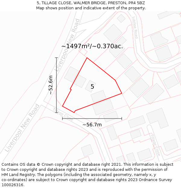 5, TILLAGE CLOSE, WALMER BRIDGE, PRESTON, PR4 5BZ: Plot and title map