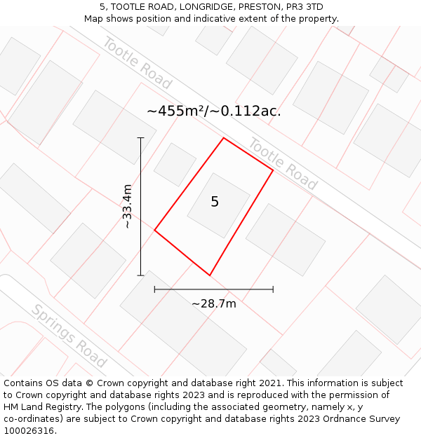 5, TOOTLE ROAD, LONGRIDGE, PRESTON, PR3 3TD: Plot and title map