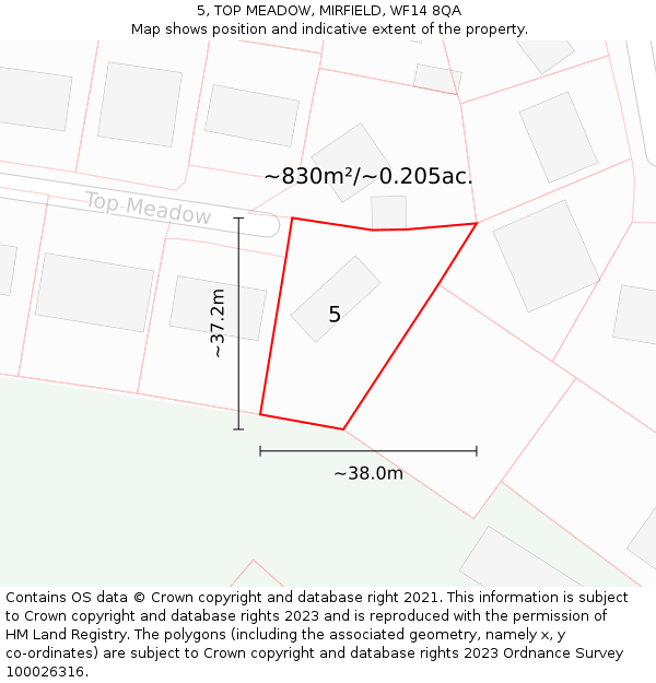 5, TOP MEADOW, MIRFIELD, WF14 8QA: Plot and title map