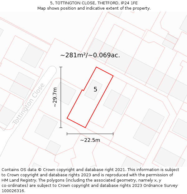 5, TOTTINGTON CLOSE, THETFORD, IP24 1FE: Plot and title map