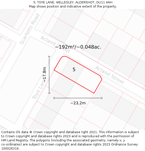 5, TOYE LANE, WELLESLEY, ALDERSHOT, GU11 4AH: Plot and title map