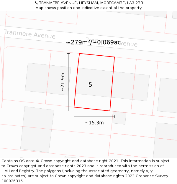 5, TRANMERE AVENUE, HEYSHAM, MORECAMBE, LA3 2BB: Plot and title map