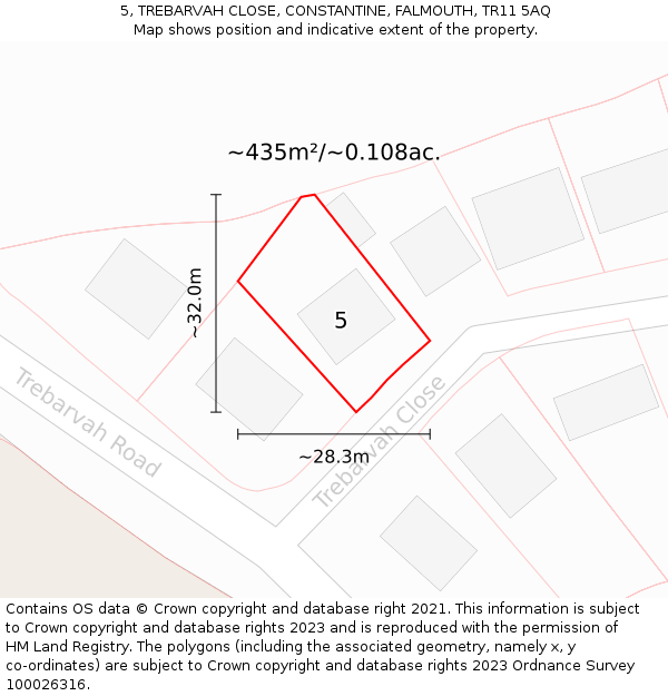 5, TREBARVAH CLOSE, CONSTANTINE, FALMOUTH, TR11 5AQ: Plot and title map