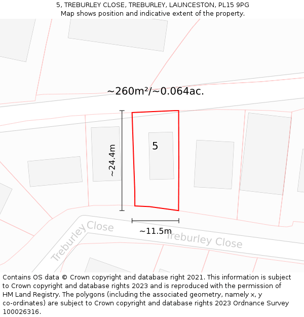 5, TREBURLEY CLOSE, TREBURLEY, LAUNCESTON, PL15 9PG: Plot and title map