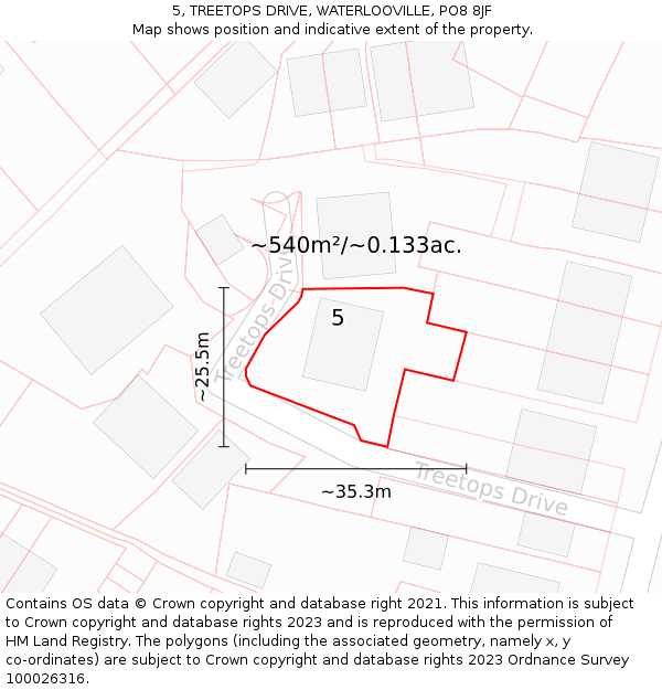 5, TREETOPS DRIVE, WATERLOOVILLE, PO8 8JF: Plot and title map