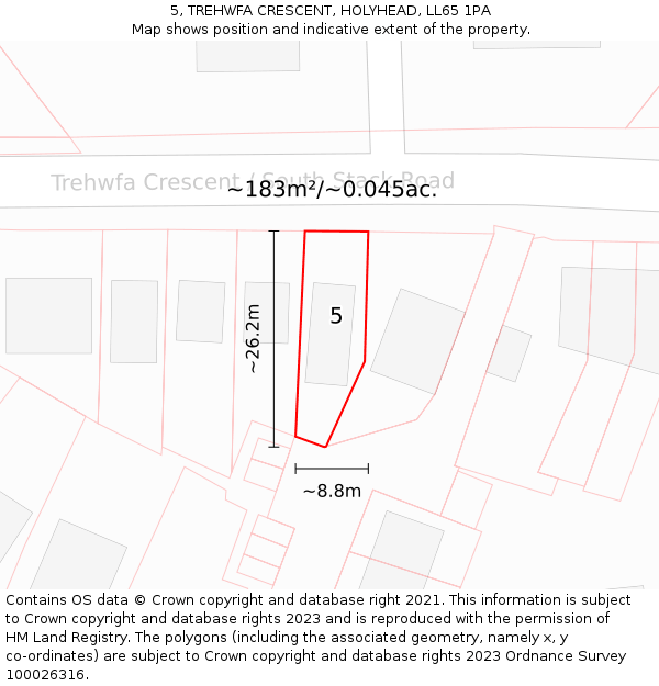 5, TREHWFA CRESCENT, HOLYHEAD, LL65 1PA: Plot and title map