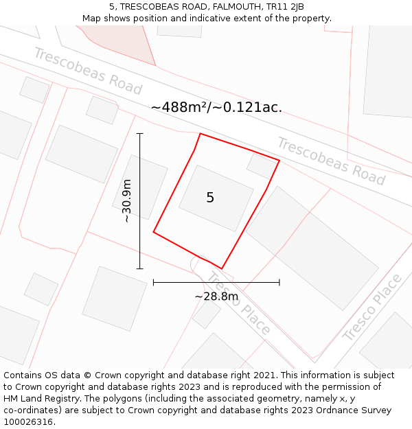 5, TRESCOBEAS ROAD, FALMOUTH, TR11 2JB: Plot and title map