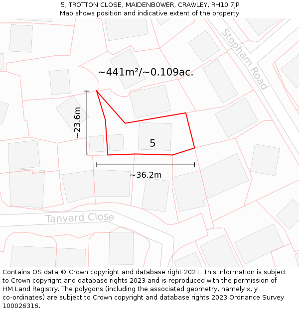 5, TROTTON CLOSE, MAIDENBOWER, CRAWLEY, RH10 7JP: Plot and title map