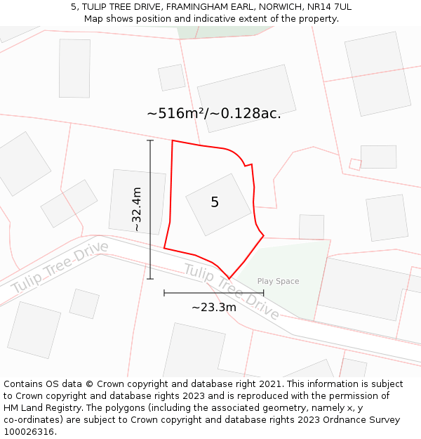 5, TULIP TREE DRIVE, FRAMINGHAM EARL, NORWICH, NR14 7UL: Plot and title map