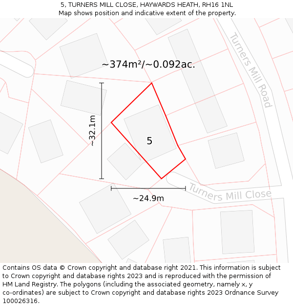 5, TURNERS MILL CLOSE, HAYWARDS HEATH, RH16 1NL: Plot and title map