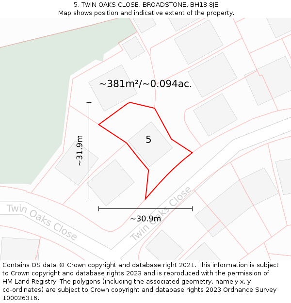 5, TWIN OAKS CLOSE, BROADSTONE, BH18 8JE: Plot and title map