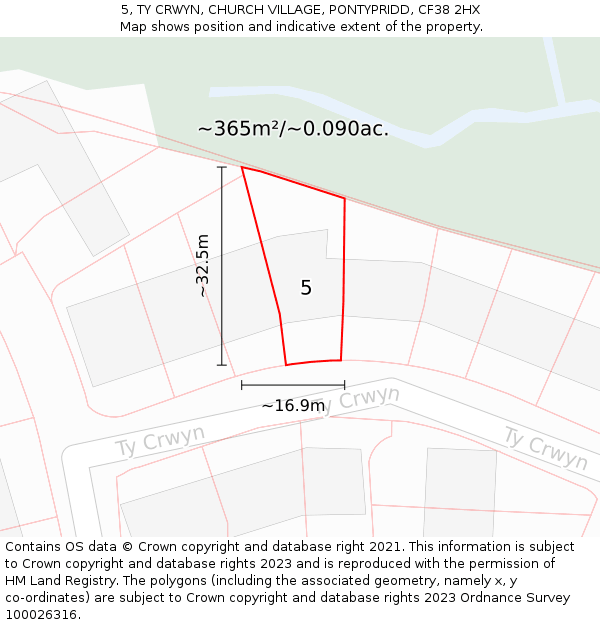 5, TY CRWYN, CHURCH VILLAGE, PONTYPRIDD, CF38 2HX: Plot and title map