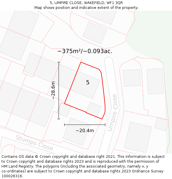 5, UMPIRE CLOSE, WAKEFIELD, WF1 3QR: Plot and title map