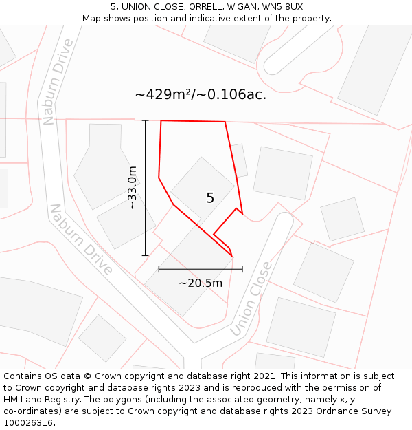 5, UNION CLOSE, ORRELL, WIGAN, WN5 8UX: Plot and title map