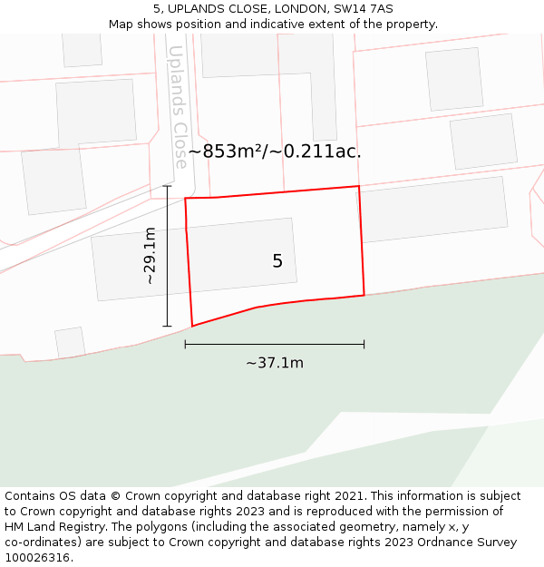 5, UPLANDS CLOSE, LONDON, SW14 7AS: Plot and title map