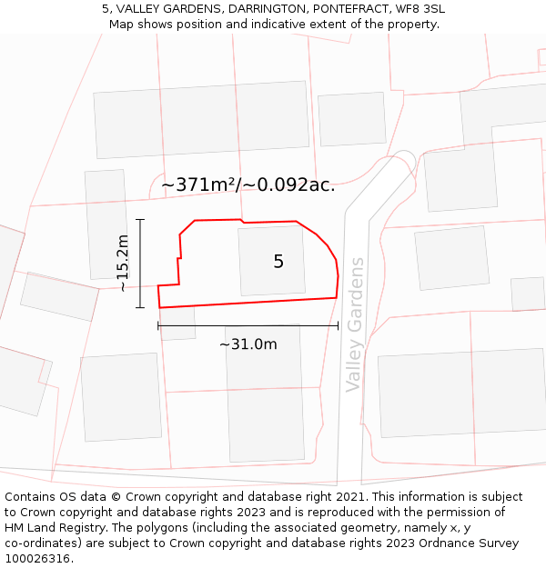 5, VALLEY GARDENS, DARRINGTON, PONTEFRACT, WF8 3SL: Plot and title map