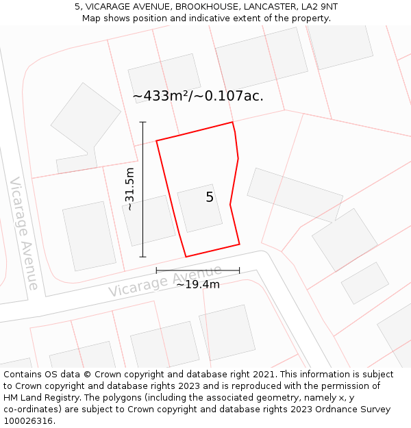 5, VICARAGE AVENUE, BROOKHOUSE, LANCASTER, LA2 9NT: Plot and title map