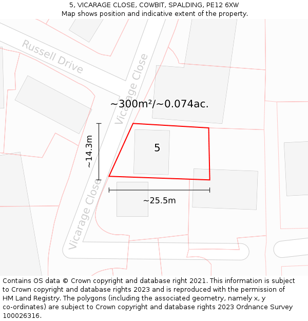 5, VICARAGE CLOSE, COWBIT, SPALDING, PE12 6XW: Plot and title map