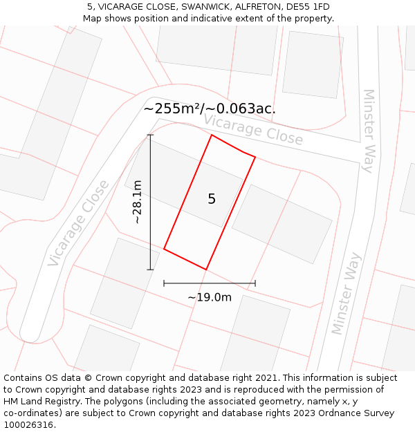 5, VICARAGE CLOSE, SWANWICK, ALFRETON, DE55 1FD: Plot and title map