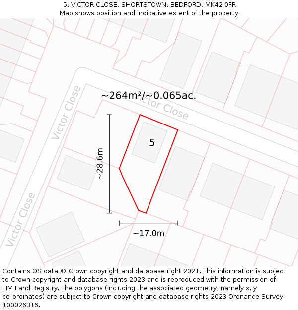 5, VICTOR CLOSE, SHORTSTOWN, BEDFORD, MK42 0FR: Plot and title map