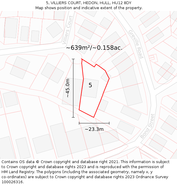 5, VILLIERS COURT, HEDON, HULL, HU12 8DY: Plot and title map