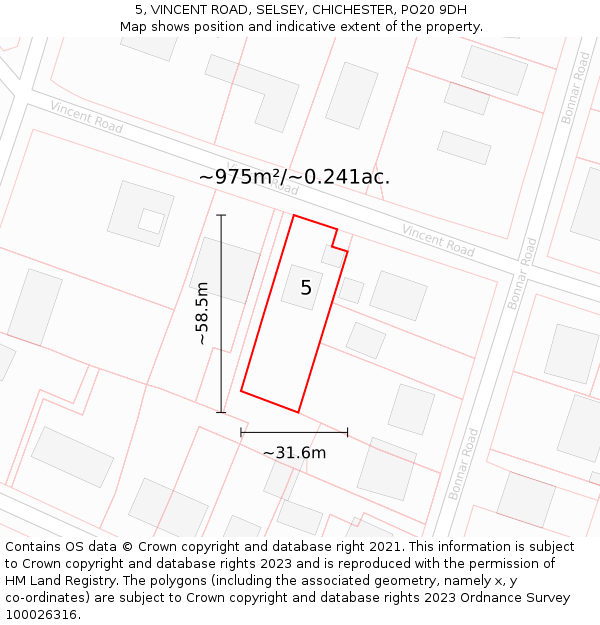 5, VINCENT ROAD, SELSEY, CHICHESTER, PO20 9DH: Plot and title map