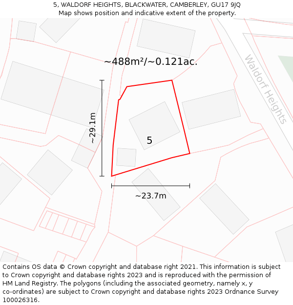 5, WALDORF HEIGHTS, BLACKWATER, CAMBERLEY, GU17 9JQ: Plot and title map