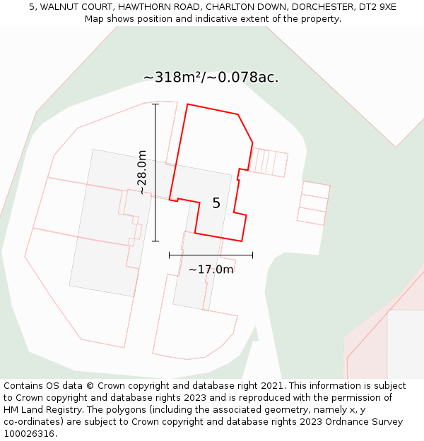5, WALNUT COURT, HAWTHORN ROAD, CHARLTON DOWN, DORCHESTER, DT2 9XE: Plot and title map