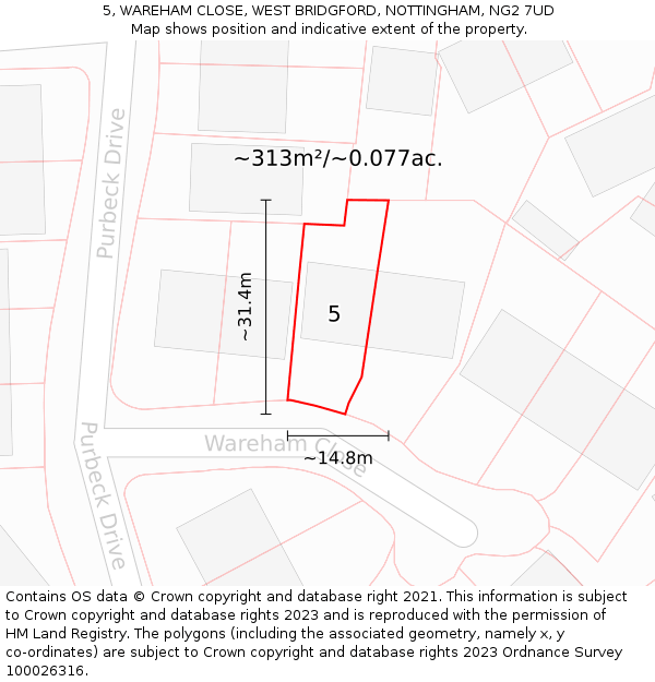 5, WAREHAM CLOSE, WEST BRIDGFORD, NOTTINGHAM, NG2 7UD: Plot and title map