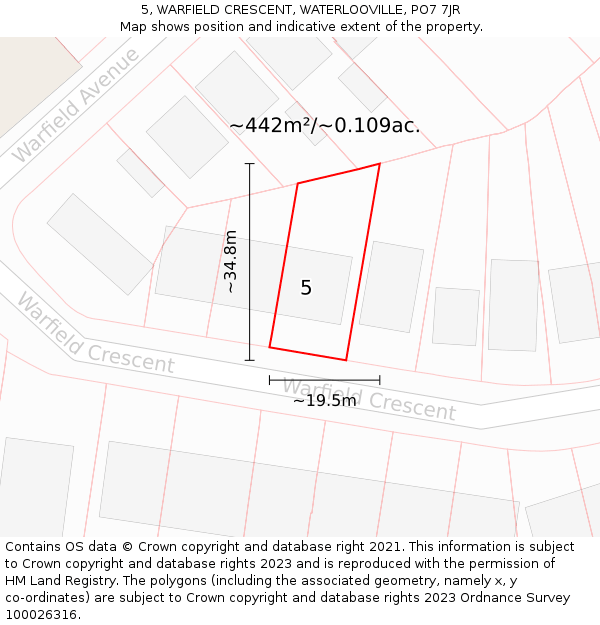 5, WARFIELD CRESCENT, WATERLOOVILLE, PO7 7JR: Plot and title map