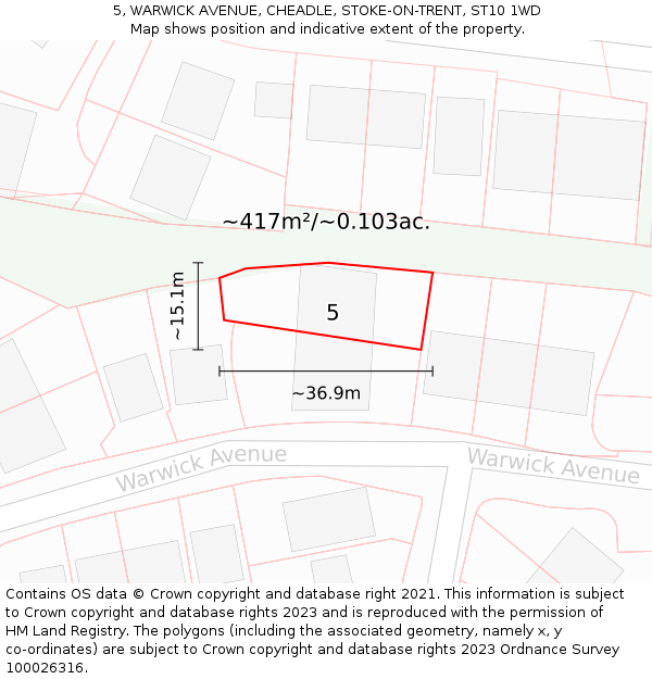 5, WARWICK AVENUE, CHEADLE, STOKE-ON-TRENT, ST10 1WD: Plot and title map