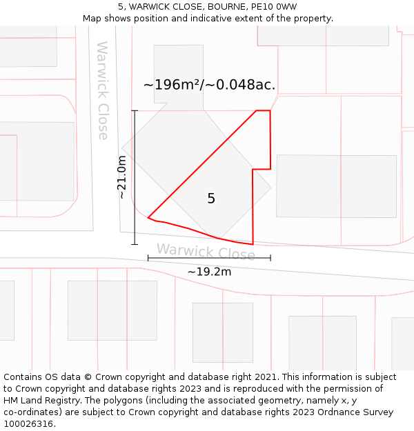 5, WARWICK CLOSE, BOURNE, PE10 0WW: Plot and title map