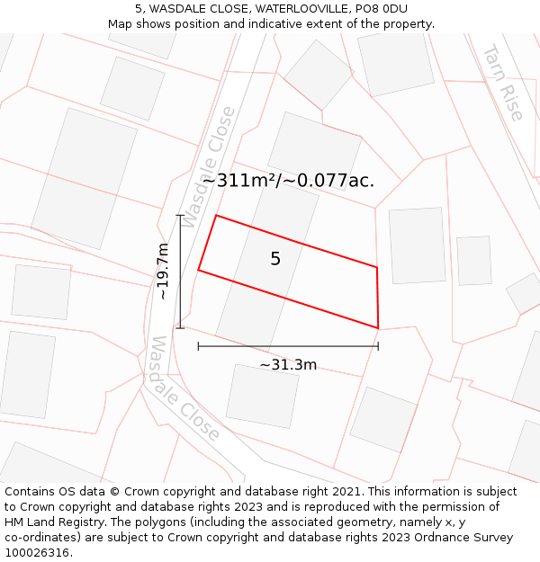 5, WASDALE CLOSE, WATERLOOVILLE, PO8 0DU: Plot and title map