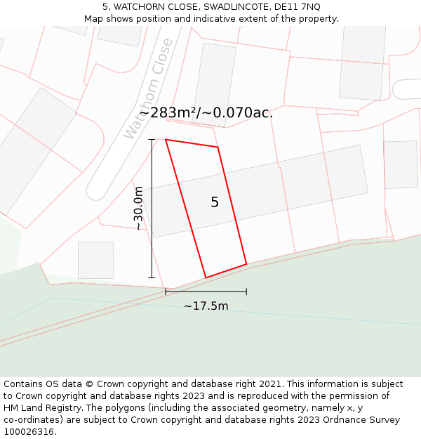 5, WATCHORN CLOSE, SWADLINCOTE, DE11 7NQ: Plot and title map