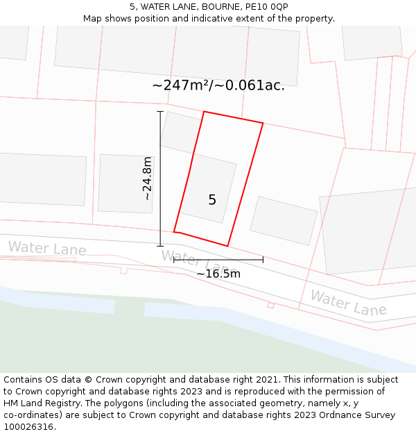 5, WATER LANE, BOURNE, PE10 0QP: Plot and title map