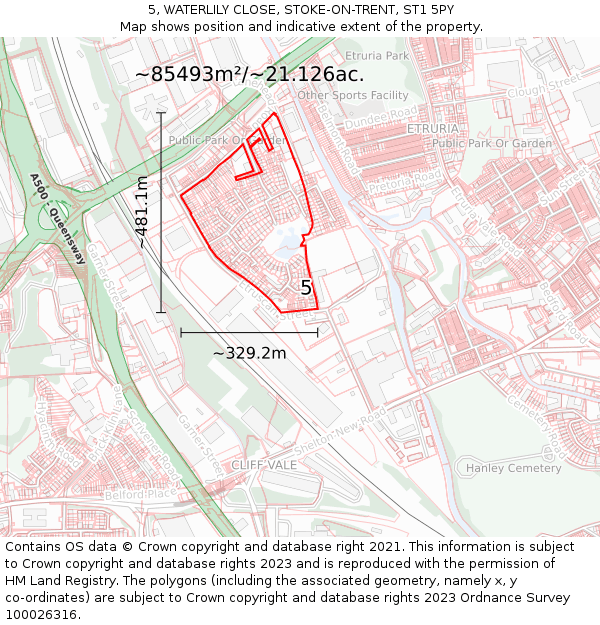 5, WATERLILY CLOSE, STOKE-ON-TRENT, ST1 5PY: Plot and title map