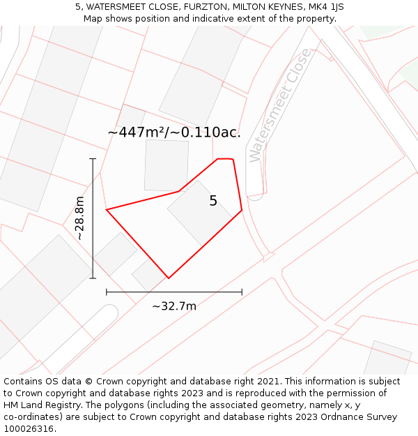 5, WATERSMEET CLOSE, FURZTON, MILTON KEYNES, MK4 1JS: Plot and title map