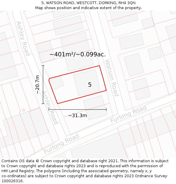 5, WATSON ROAD, WESTCOTT, DORKING, RH4 3QN: Plot and title map