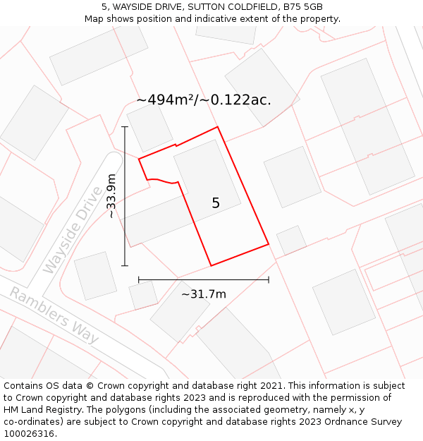 5, WAYSIDE DRIVE, SUTTON COLDFIELD, B75 5GB: Plot and title map